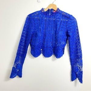 Banjul Long Sleeve Scalloped Lace Crop Top Blue Medium
